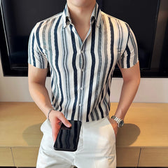 Threebooy  Summer New Korean Version Slim Fit Fashionable Color Striped Shirt Short Sleeved Fashionable Social Business Casual Shirt