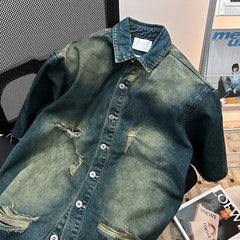 Threebooy  American-style Ripped Denim Jacket Shirt Men Summer Wear Cool Stylish Short-sleeved Contrast Color Male Shirts