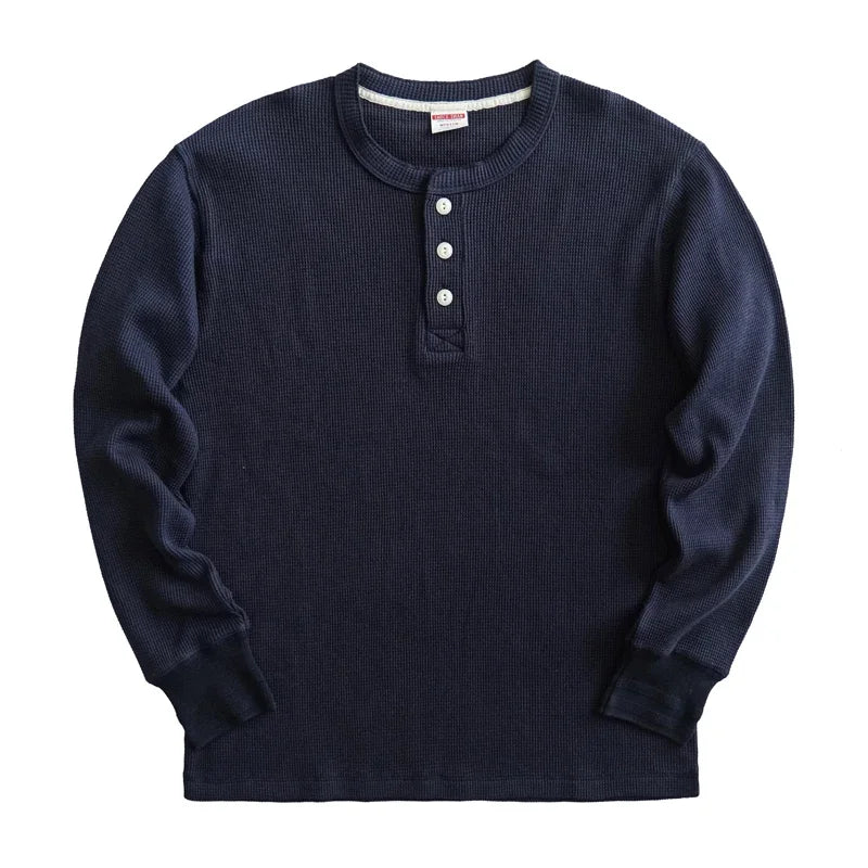 Threebooy  Classic Men's Waffle T-shirt Knit Henley Collar  Long Sleeve Pure Cotton Casual Tee Regular Fit 230g