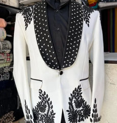 Threebooy  Elegant Men Suits Beaded Diamond Appliques Shawl Lapel Wedding Groom Tuxedo Male Prom