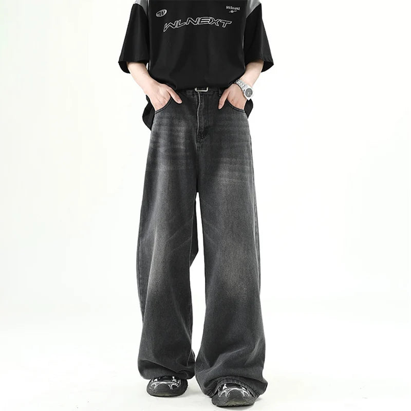 Threebooy  Men Denim Pants Old Blue Washed Male Jeans Straight Casual Menwear Loose Wide Leg Trousers New Fashion Korean High Street Denim