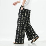 Threebooy Men Chinese Style Printed Characters Wide Leg Pants Summer Fashion Sports Baggy Tide Trousers Darkwear Letter Streetwear Unisex