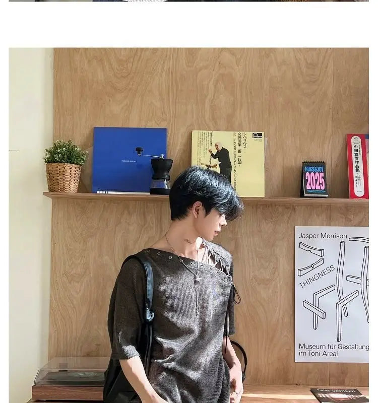 Threebooy Street Punk Shirt Off-shoulder Hollow T-shirt American 2025 New High-end Style Fashionable Casual Loose Short Sleeves