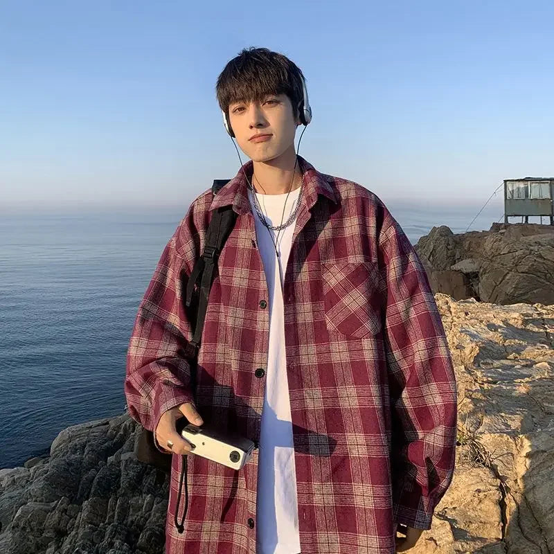 Red Blue Plaid Shirts Men American Vintage Couples Classic Loose Outwear Teens Camisas De Hombre Single Pocket Autumn New BF Ins