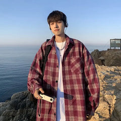 Red Blue Plaid Shirts Men American Vintage Couples Classic Loose Outwear Teens Camisas De Hombre Single Pocket Autumn New BF Ins