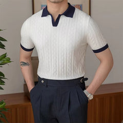 Threebooy Summer Fashion Men Short Sleeve Slim Polo Shirt Vintage Patchwork Knitted Polos Men Clothing Male Casual V-Neck Lapel Pullover