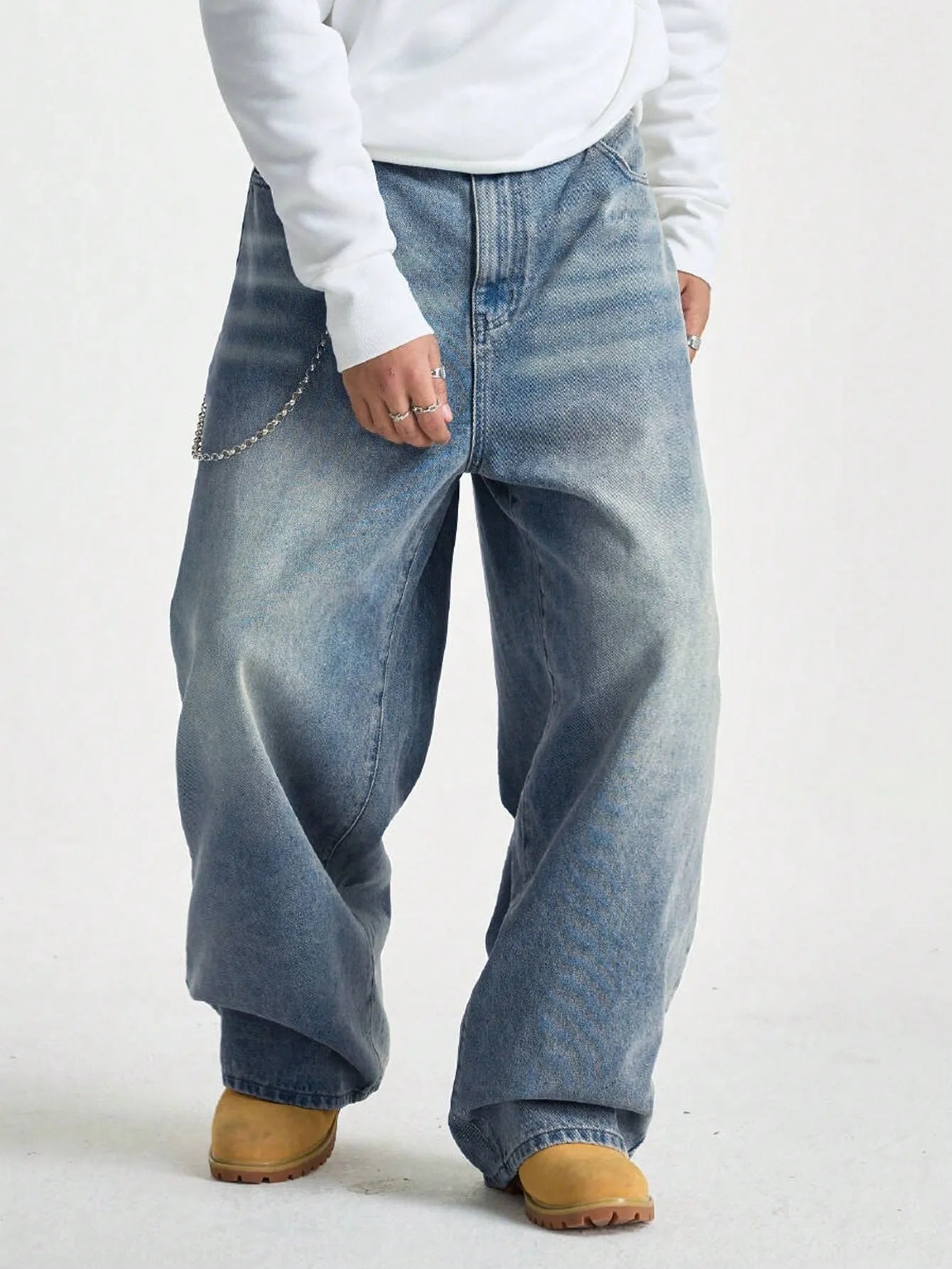 Threebooy  1Pc Men's Wide Pants Brushed Jeans Wide Jeans Y2K New Rocks Jeans Buggy Black Hip-Hop Pants