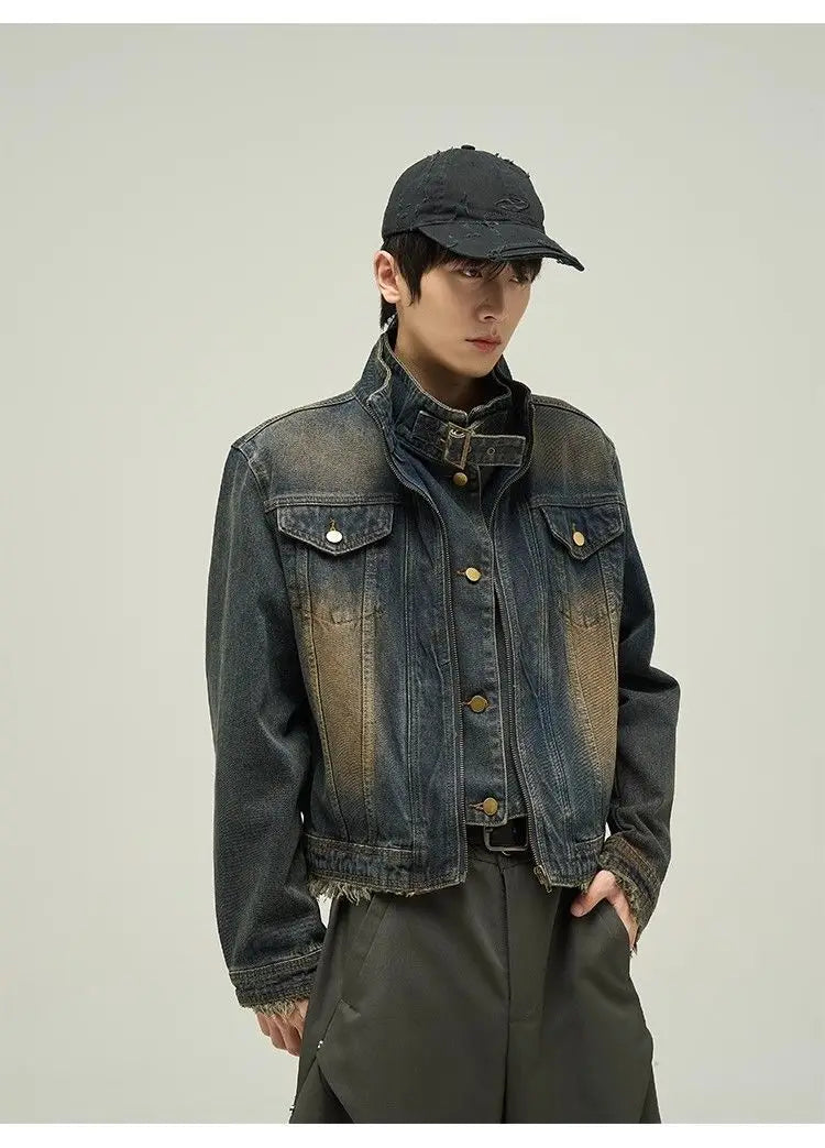 Threebooy Vintage Denim Jacket Man Woman Short Zipper Single Breasted Cowboy Crop Coats Blue Washed Stand Collar Unisex Jeans Outerwear