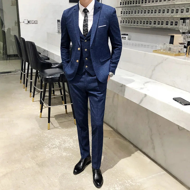 Threebooy (Jacket+Pants+Vest) Men Plaid Suits with Male Business Blazer Slim Fit Wedding Male Groom Tuxedos Suit Prom Costume Homme