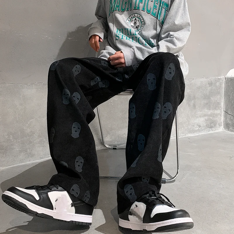 Threebooy Baggy Corduroy Men Wide Pants Spring Fashion Design Print Trousers Hiphop Straight Sweatpants Oversized Bottoms Man Y2k Clothes