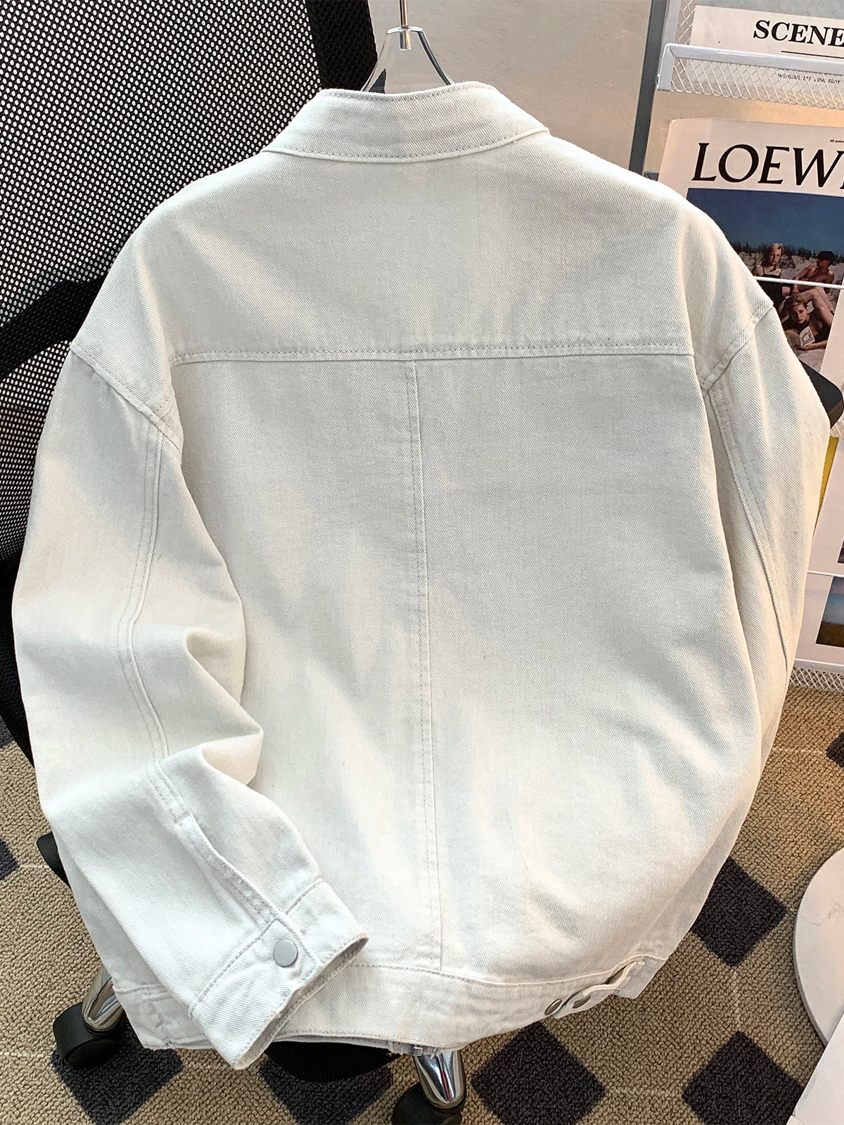 Threebooy  Washed Jeans Coat Worn Deconstructed Stand Collar Denim Jacket for Men's American Cleanfit Design Canvas Zipper Jacket