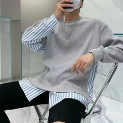 Threebooy Fashion Loose Spliced Casual Striped T-Shirt Men's Clothing Autumn New All-match Pullovers Fake Two Pieces Tee Shirt