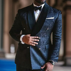 Threebooy  Elegant Jacquard Men Suits Black Fashion Party Prom Banquet Suit Shawl Lapel Double Breasted Floral Wedding Tuxedo Two Piece