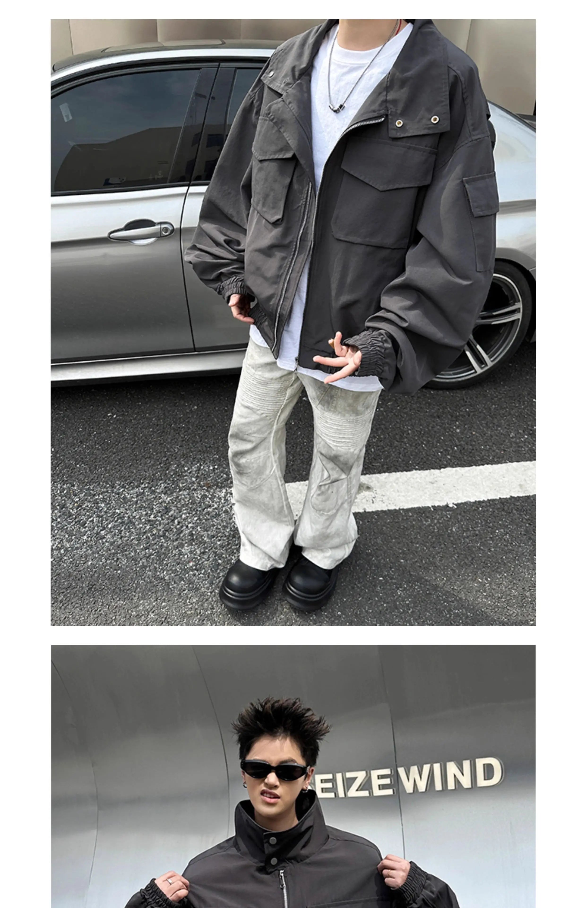Threebooy Outdoor Work Jacket Men's Spring Autumn American Retro Zipper Coat Silhouette Bomber Handsome High Street Flying Work Jacket