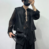 Threebooy Mens Sexy Mesh See-Through Irregular Long-Sleeve Tops Genderless 2024 New Dark Style Stitching Double Layer Hollow Tops Unisex