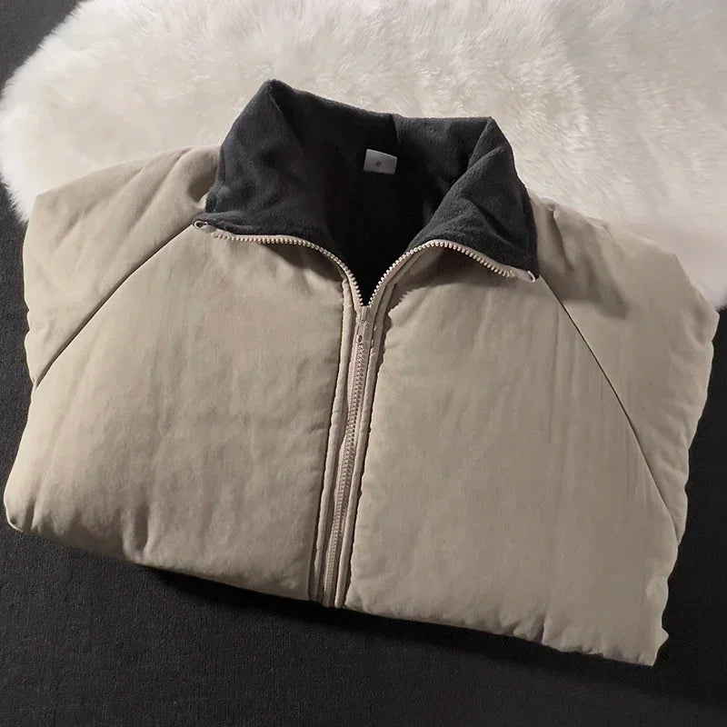Threebooy Japan Standing Collar Padded Jacket Vintage Cityboy Men's Plush Parkas American Retro Hong Kong Style Winter Jacket Cargo Coat