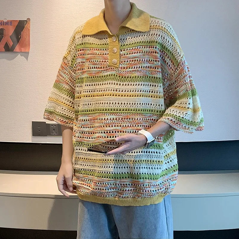 Threebooy New Trend Men Fashion Striped Polo Shirt Light Luxury Hollow Out Knitted T-shirt Korean Style Summer Casual Short Sleeve Tops