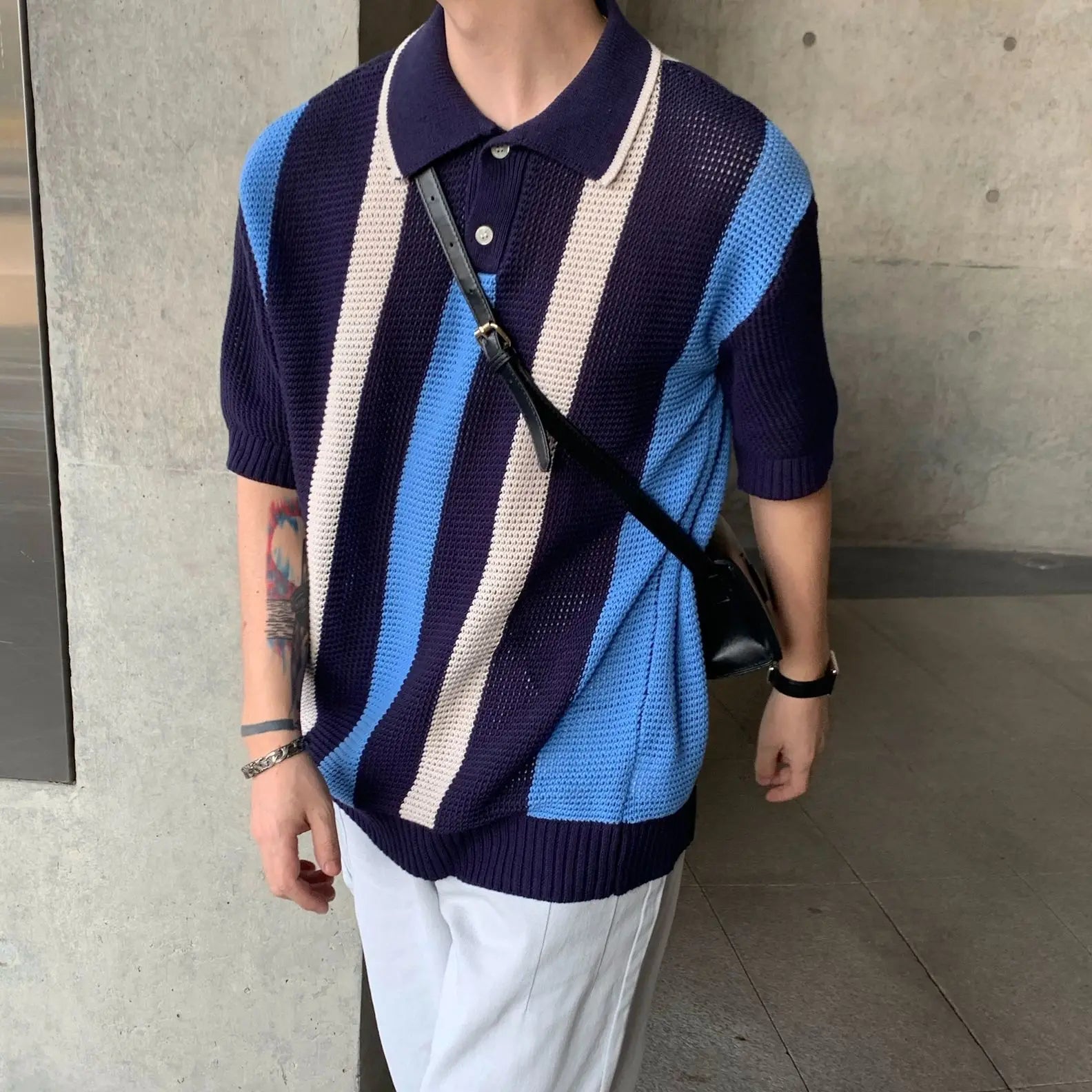 Threebooy Summer Hip Hop Men and Women Trendy Personalized Hollow Stripe Color blocked Knitted Polo Shirt Korean Casual Short Sleeve y2k