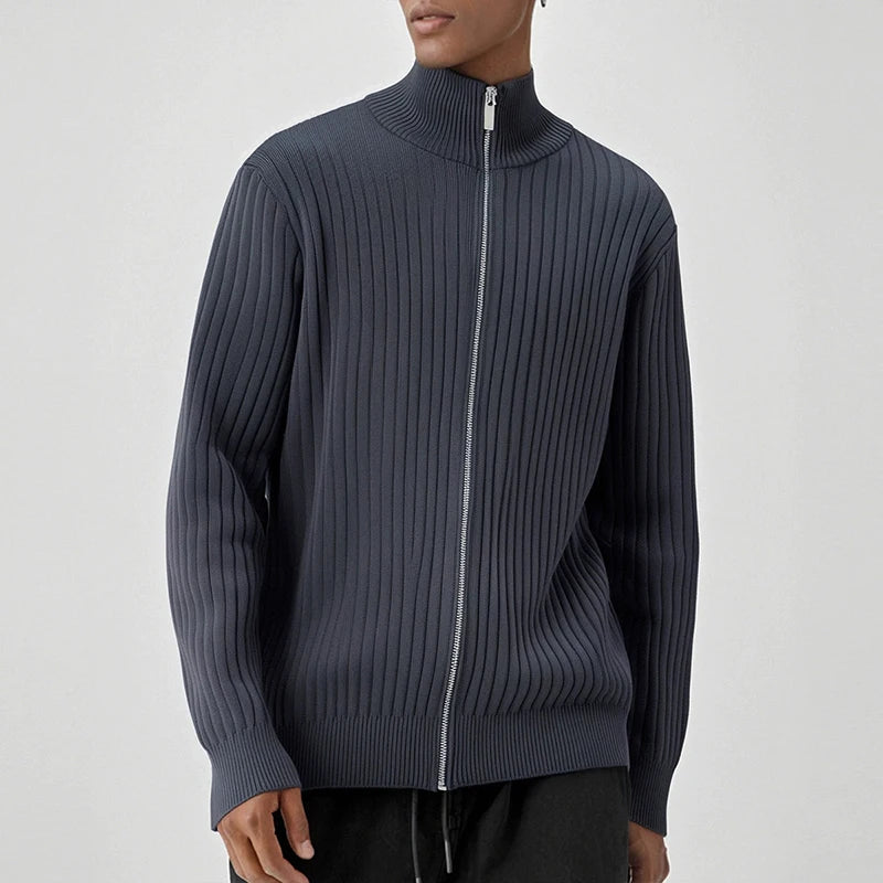 Threebooy  New Korean Fashion Men Cardigan Jacket Light Luxury Trendy Turtleneck Knit Zip-up Long Sleeve Sweater Coat High Quality Knitwear