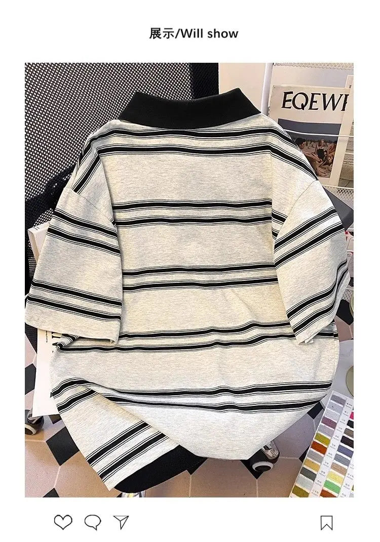 Threebooy High street hip-hop men and women trendy personalized striped polo short sleeved couple summer loose retro casual Harajuku top