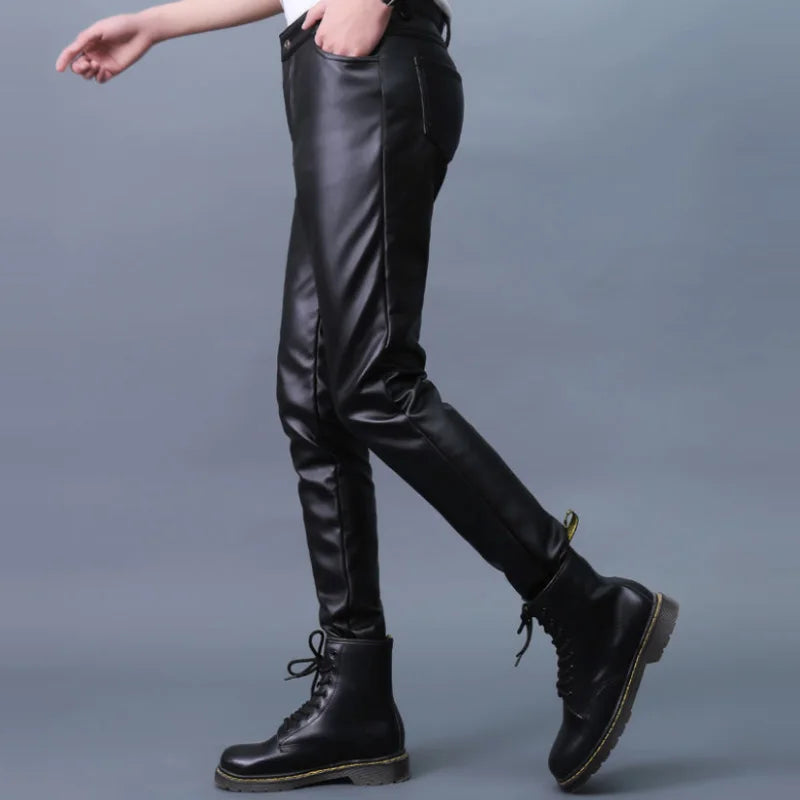 Threebooy Men Leather Pants Slim PU Leather Trousers Fashion Elastic Motorcycle Leather Pants Waterproof Oil-Proof Male Bottoms Oversized