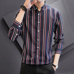 Threebooy  Korean Fashion Men Social Shirt Casual Button Down Slim Fit Long Sleeve Smooth Striped Shirts