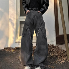 Threebooy  Retro American Washed Dirty Grey Denim Jeans High Street Loose Fit Men's Women's Long Pants with Big Pockets Straight Leg