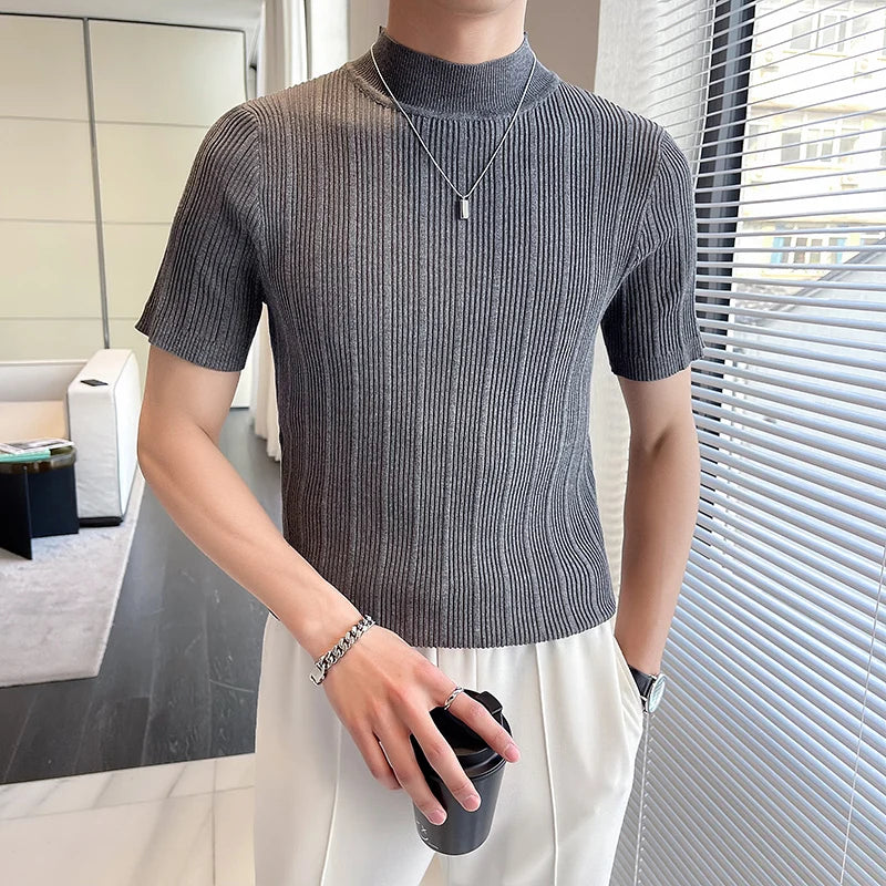 Threebooy  Korean style Tees Men Summer Casual Knit T-shirts/Male slim fit stripe High neck knitting T-shirt 4XL