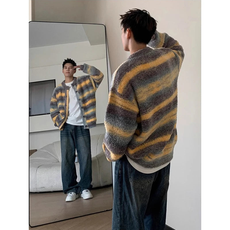 Threebooy 90s Streetwear American Striped Patchwork Knitted Cardigan Sweater Men's Autumn Winter Loose Long Sleeved Jacket Top