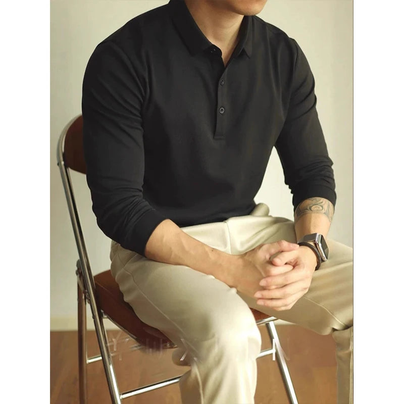 Threebooy  New American Retro Men Polo Shirt Light Luxury Solid Color Slim-fit Commuting Long Sleeve T-shirt Leisure Business Pullover Tops