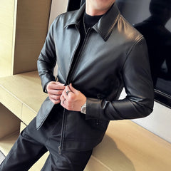 Threebooy Men's Motorcycle Leather Jacket Large Size Pocket Black Zipper Lapel Slim Fit Male Spring Autumn High Quality PU Coat