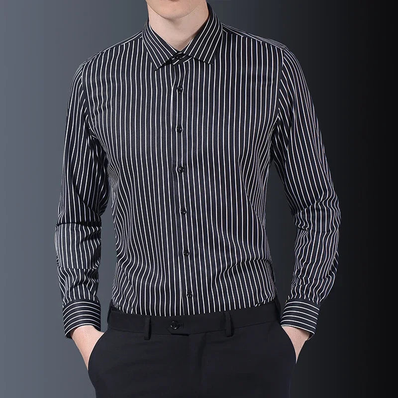 Threebooy  Fashion Classic Men Striped Shirts Business Casual Long Sleeve Button Down Regular Fit Social Shirt 4XL 5XL