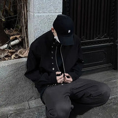 Threebooy American Retro Multi-button Stand Collar Design Jacket Men Korean Hip Hop Coat High Street Hip-hop Solid Color Classic Jacket