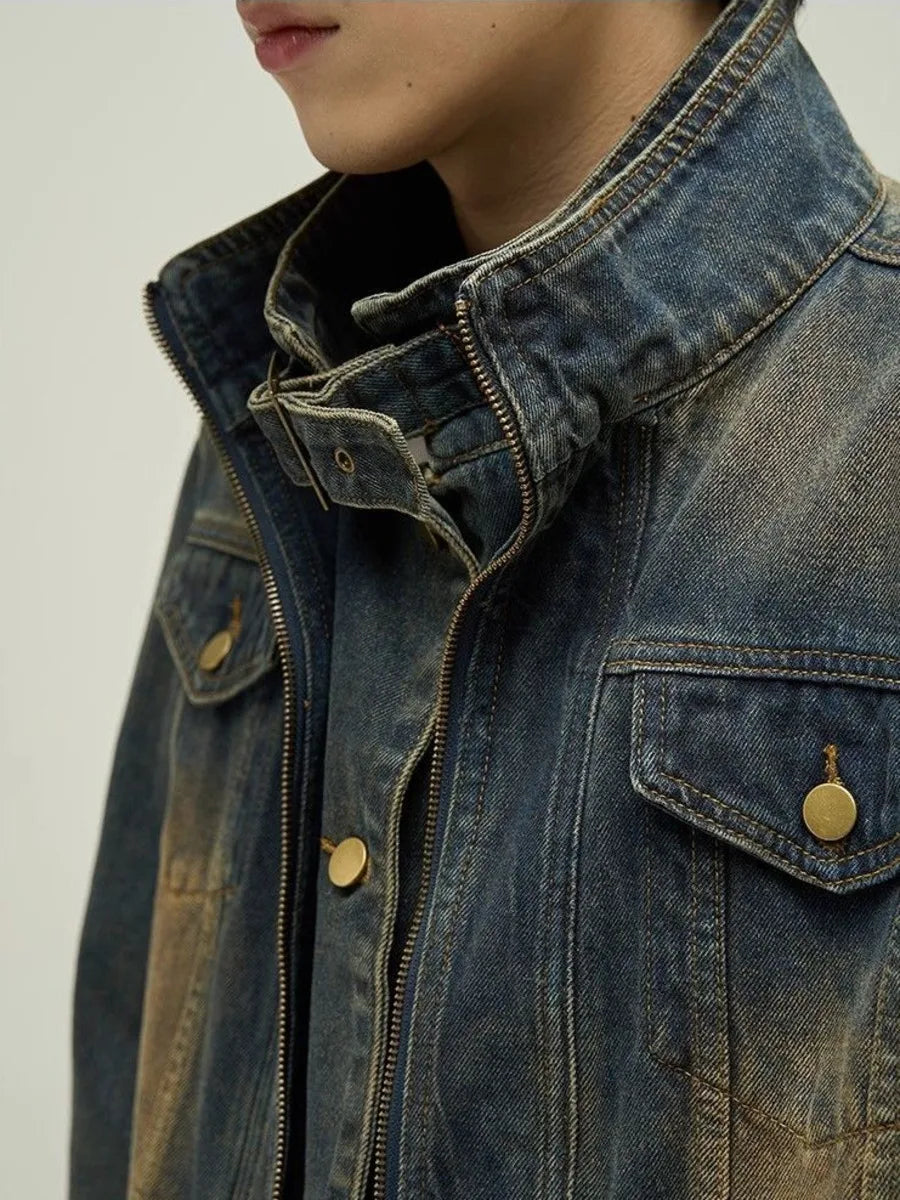 Threebooy Vintage Denim Jacket Man Woman Short Zipper Single Breasted Cowboy Crop Coats Blue Washed Stand Collar Unisex Jeans Outerwear