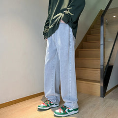 Threebooy  Korean Fashion Men's Loose Jeans Classic Neutral Couple All-match Solid Color Straight Denim Wide Leg Pants Gray Black Blue 3XL