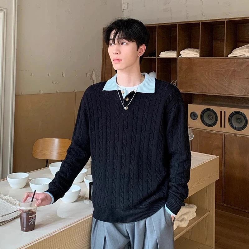 Threebooy Fashion Patchwork Men Polo Sweater Light Luxury Japanese Popular Knitwear Premium Quality Long Sleeve Pullover Trendy Streetwear
