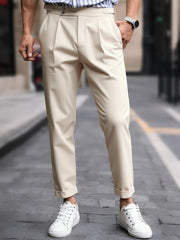 Threebooy  Men's Gurkha High Waist Pleated Cuffed Cropped Dress Pants Polyester Viscose Elastane Business Casual Black Beige Trousers