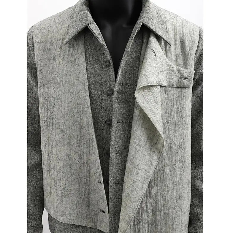 Threebooy Men Jacket Lapel Collar Faux Two Layer Diagonal Placket 2024 Trendy Outwear Casual Urban Streetwear Host Apparel Stage Clothing