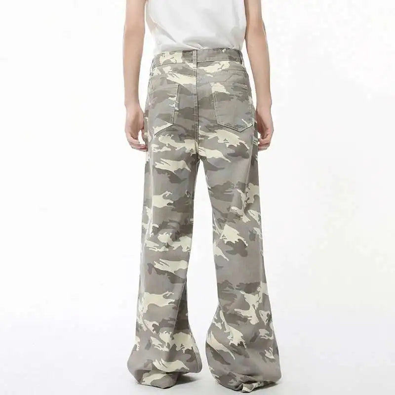 Threebooy  High Street Men's Denim Pants Camouflage Casaul Straight Bottom Simple Wide Leg Loose Trousers Spring Stylish 2025