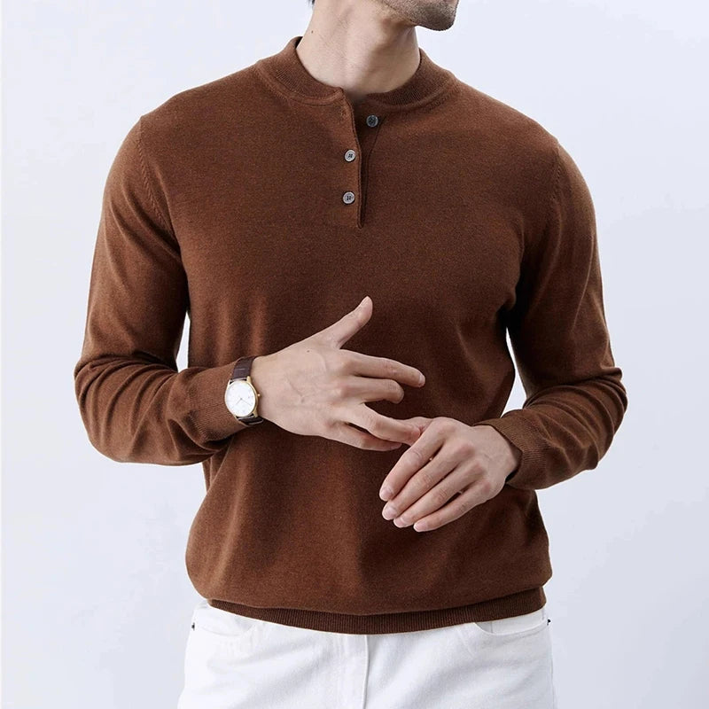 Threebooy  New Fashion Men Henry Sweater Light Luxury Knitted Solid Color Long Sleeve Pullover Premium Quality Skin-friendly Knitwear M-3XL