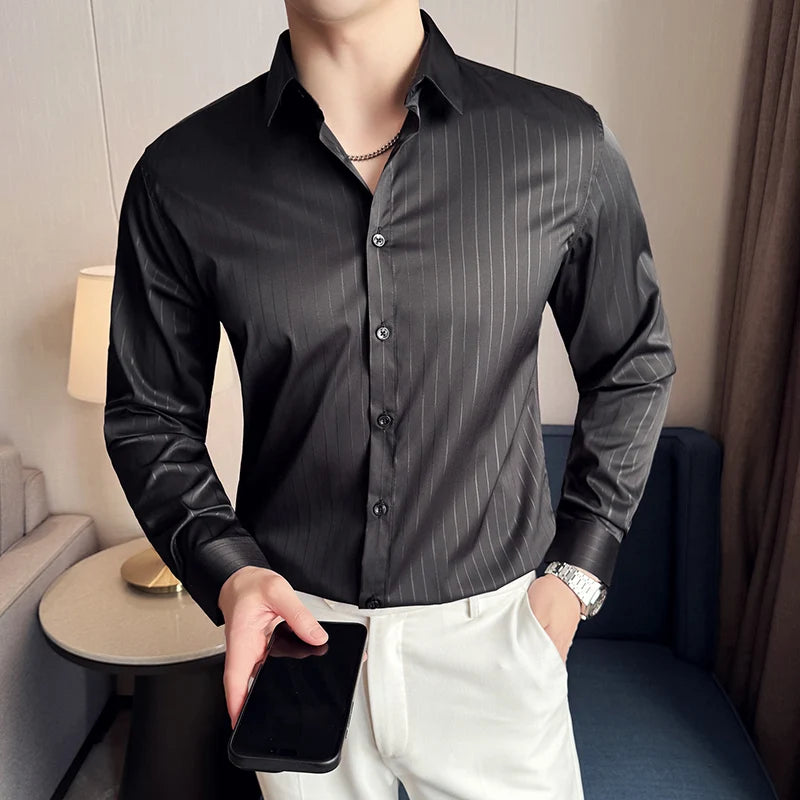 Threebooy  Four Season Men's British Shirt Long Sleeved Slim Striped Shirt Social Business Formal Shirt Men's Clothing Size 4XL-M
