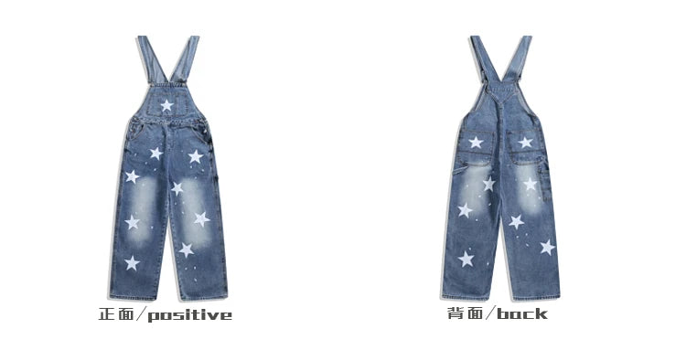 Threebooy American Retro Star Splashing Print Denim Overalls Korean Style Fashion High-end Solid Color Jumpsuits Aesthetic All-match Chic