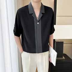 Threebooy  Summer Splicing Ice Silk Cuban Collar Shirt Men Half Sleeve Loose Casual Shirts Fashion Vacation Hawaii Streetwear Shirt