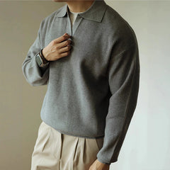 Threebooy  New American Chic Men Polo Sweater Luxury Trendy Business V Neck Knit Solid Color Pullover Leisure Slim-fit Long Sleeve Knitwear