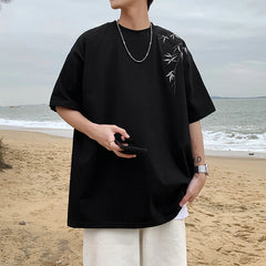 Threebooy Bamboo Embroidered T Shirt Men Harajuku Streetwear T-Shirts Summer Short Sleeve Black White Loose Casual Tshirt Tees Top