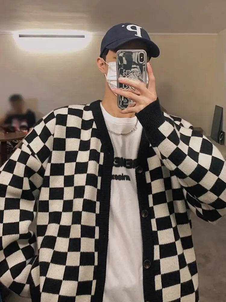 Threebooy Autumn Vintage Checkerboard Cardigan Long-sleeved Button Sweater Men's Preppy Casual Knitwear Jacket Unisex Streetwear