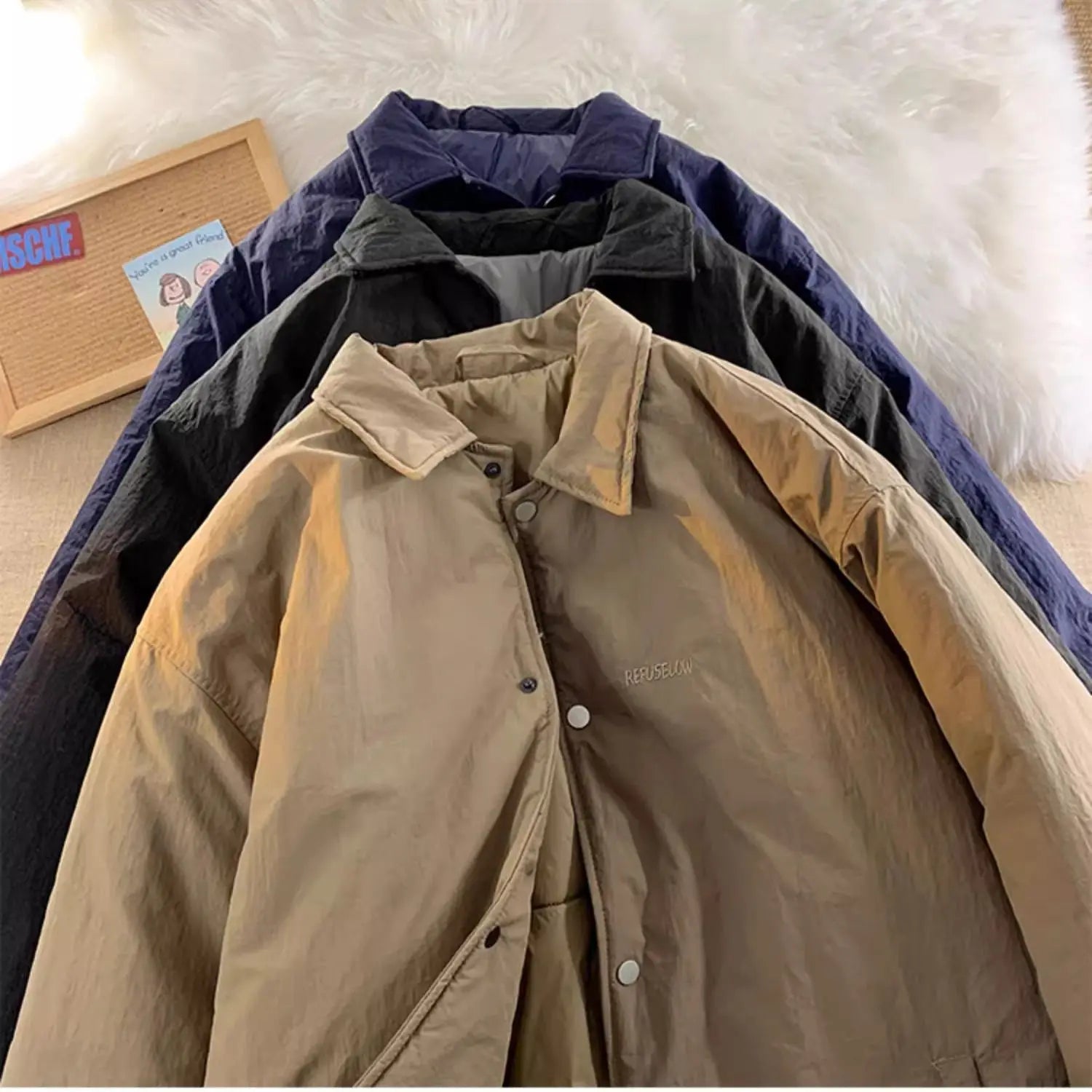 Threebooy Thickened Winter Parkas Japanese Large Size Retro Workwear English Letters Padded Coat Loose Lapel Warm Button Up Coat