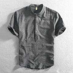 Threebooy  Men's Casual Cotton Shirt Short Sleeve Blouse Tops Summer Botton Pinstripe Holiday Shirt Comfortable Handsome Men Henley Shirt