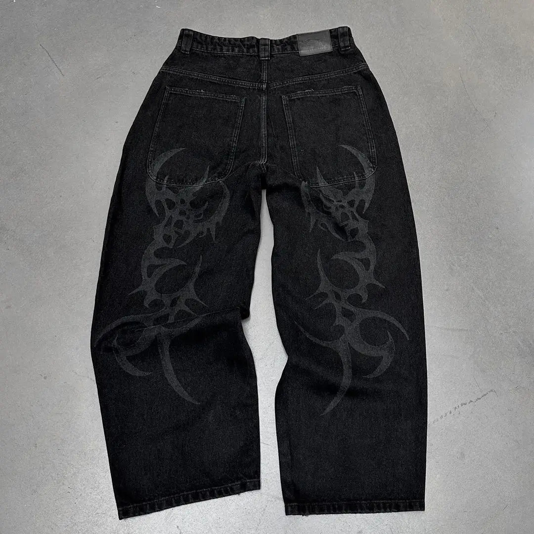 Threebooy Harajuku Hip Hop High Waisted Jeans New Gothic Retro Wide Leg Straight Black Y2k Baggy Jeans Denim Pants Mens Womens Streetwear