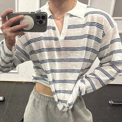Threebooy  New Japanese Striped Male Polo Shirt Trendy Loose V Neck Knitted Long Sleeve T-shirt Casual Lazy Sports Fitness Basic Tops M-3XL